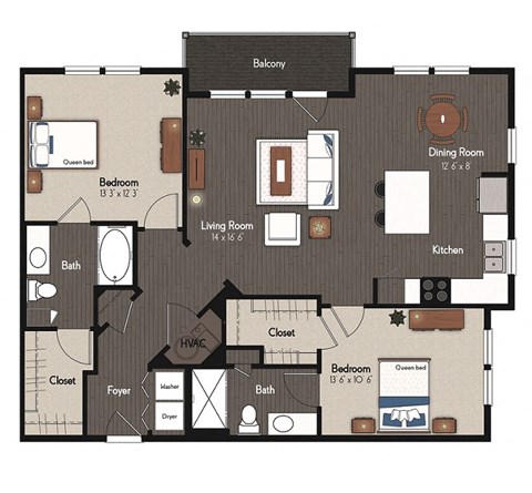 Floor plan for 2 beds, 2 baths, 1248 sqft